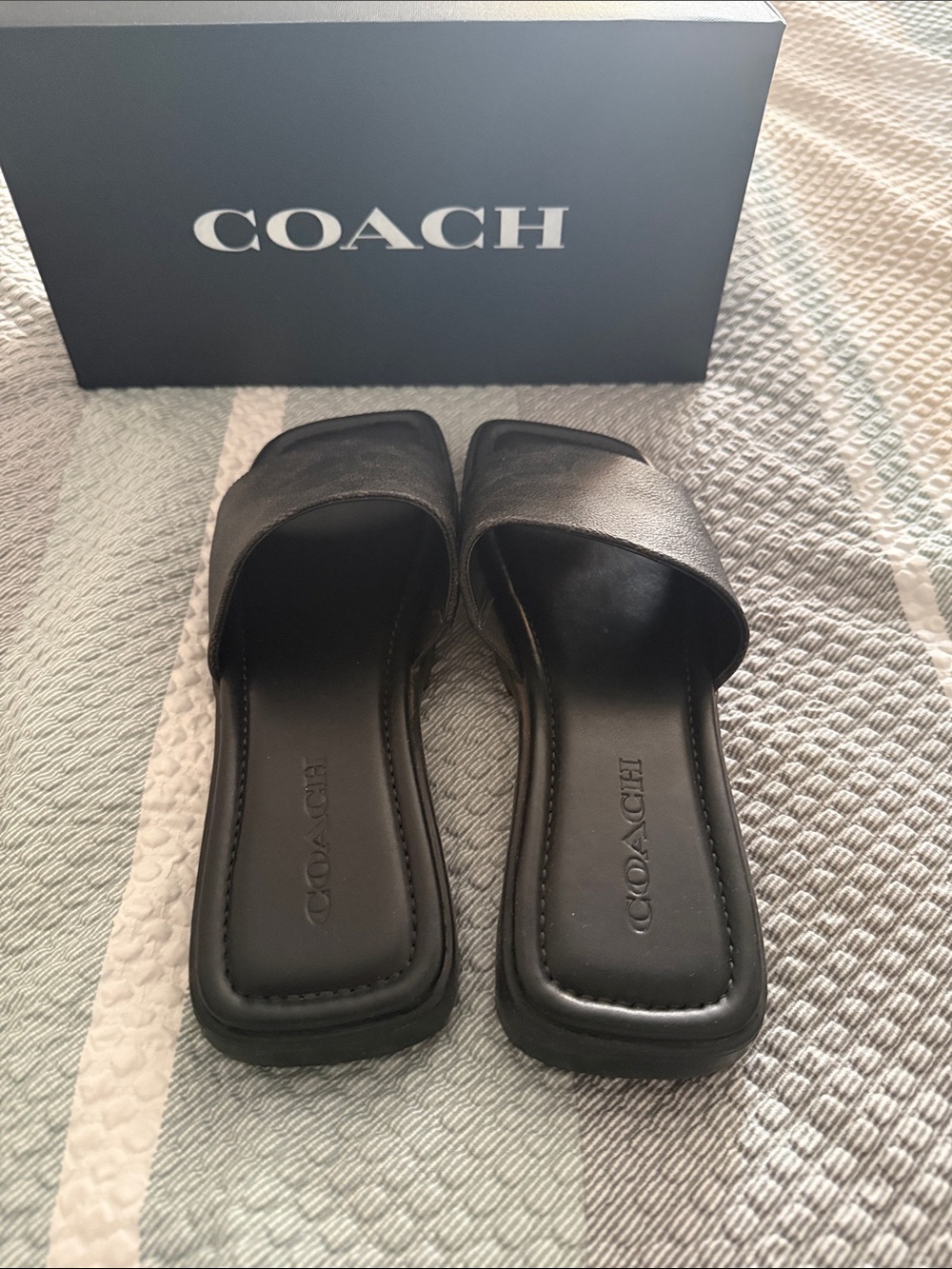 Coach Black Leather Square-Toe Slide Mules